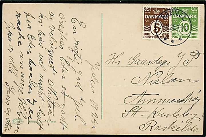 5 øre og 10 øre Bølgelinie på brevkort annulleret med brotype IIIb Hammel d. 24.12.1915 til Roskilde.