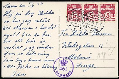 5 øre Bølgelinie i 3-stribe på brevkort (Nærum kirke) annulleret brotype IIc Nærum d. 24.8.1934 (fejlindstillet årstal for 1945) til Malmö, Sverige. Dansk efterkrigscensur (krone)/461/Danmark.