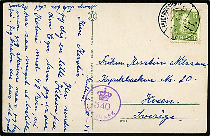 15 øre Chr. X på brevkort dateret Kulhus og annulleret brotype Vc Frederikssund B. d. 2.8.1945 til Hveen, Sverige. Dansk efterkrigscensur (krone)/340/Danmark.