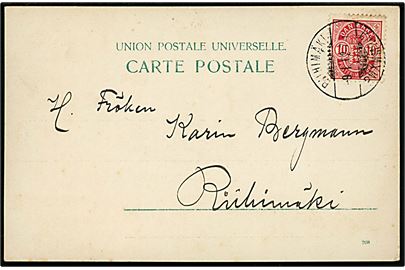 10 øre Våben på lokalt finsk brevkort (Riihimäki, Från Parken) annulleret med 2-sproget finsk stempel Riihimäki d. 9.1.1902. Interessant og mystisk anvendelse.   