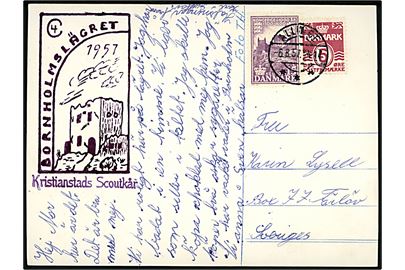 5 øre Bølgelinie og 15 øre Hammershus 1000 års udg. på brevkort (Svensk spejderkort med Baden Powell) annulleret Allinge d. 6.8.1957 og sidestemplet BORNHOLMSLÄGRET 1957 og Kristianstads Scoutkår til Farlöv, Sverige.