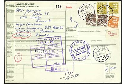 50 øre Bølgelinie (par), 8 kr. og 10 kr. (2) Rigsvåben på 29 kr. frankeret internationalt adressekort fra Tønder d. 4.12.1979 til Alicante, Spanien.