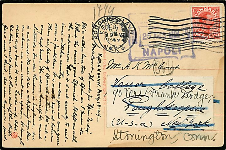 25 øre Chr. X på brevkort (København, Børsen) fra København d. 19.6.1924 til Napoli, Italien - eftersendt til Stonington, USA.