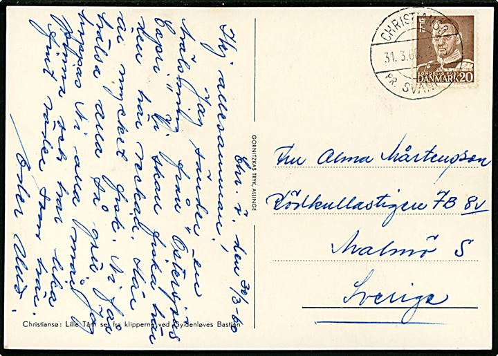 20 øre Fr. IX på brevkort (Lille Tårn, Christiansø) annulleret med pr.-stempel Christiansø pr. Svaneke d. 31.3.1960 til Malmö, Sverige.