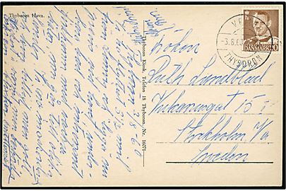 20 øre Fr. IX på brevkort (Thyborøn havn med fiskefartøjer) annulleret med bureaustempel Vemb - Thyborøn T.20 d. 3.8.1960 til Stockholm, Sverige.