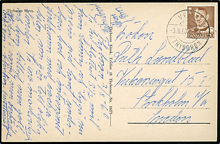 20 øre Fr. IX på brevkort (Thyborøn havn med fiskefartøjer) annulleret med bureaustempel Vemb - Thyborøn T.20 d. 3.8.1960 til Stockholm, Sverige.