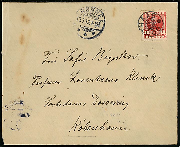 10 øre Fr. VIII på brev annulleret med stjernestempel GODTHAAB og sidestemplet Rønne d. 19.8.1912 til kvinde på Professor Lorentzens klinik i Kjøbenhavn.