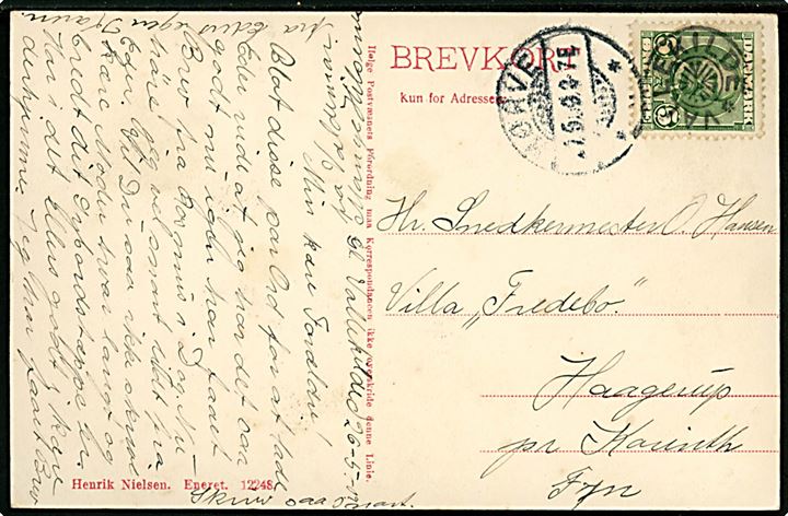 5 øre Fr. VIII på brevkort (Folkehøjskolen Vallekilde) annulleret med stjernestempel VALLEKILDE og sidestemplet Hørve d. 7.5.1909 til Korinth.