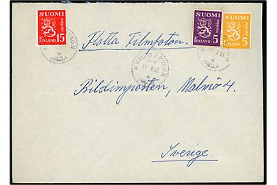 5 mk. (2) og 15 mk. Løve på brev fra Vasa annulleret med 2-sproget bureaustempel P.Vaunu 7 P.Vagn S-V d. 11.3.1953 til Malmö, Sverige.