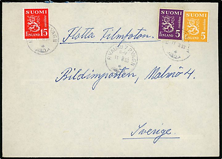 5 mk. (2) og 15 mk. Løve på brev fra Vasa annulleret med 2-sproget bureaustempel P.Vaunu 7 P.Vagn S-V d. 11.3.1953 til Malmö, Sverige.
