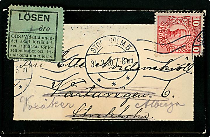 10 öre Gustaf single på lokalt sørgebrev i Stockholm d. 31.3.1917 - eftersendt til Alberga med 5 öre gron Lösen etiket.