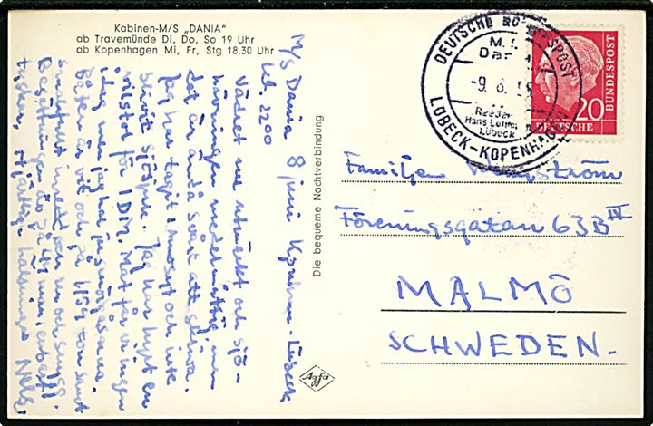 20 pfg. på brevkort (M/S Dania) annulleret med skibsstempel Detutsche Schiffspost MS Dania Lübeck - Kopenhagen d. 9.6.1955 til Malmö, Sverige.