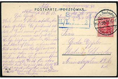 10 pfg. Germania på frankeret feltpostkort fra Warszawa annulleret med feltpoststempel Kais. Deutsche Feldpoststation nr. 158 d. 25.10.1916 til Malmö, Sverige. Blåt Briefstempel.