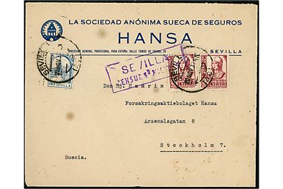25 cts. Isabel (2) og 5 cts. Pro Sevilla på brev fra Sevilla d. 20.11.1937 til Stockholm, Sverige. Lokal spansk censur i Sevilla.