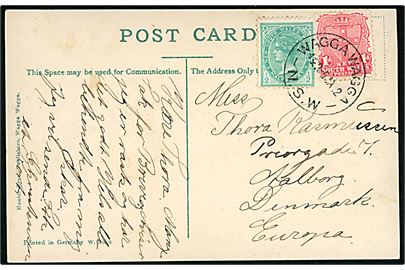 New South Wales ½d Victoria og 1d Våben på brevkort (Wagga Wagga Post Office) annulleret Wagga Wagga N.S.W. d. 5.1.1912 til Aalborg, Danmark.