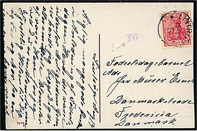 10 pfg. Germania på brevkort annulleret med enringsstempel Lintrup d. 13.8.1917 til Fredericia, Danmark. Violet censurstempel 16.