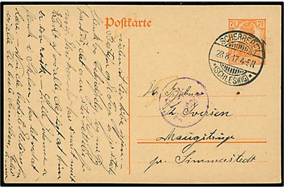 7½ pfg. Germania helsagsbrevkort fra Scherrebek *(Schleswig)* d. 28.8.1917 til Maugstrup pr. Simmerstedt. Violet censurstempel Ü.-K. Tondern.