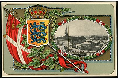 Købh. Flagkort med Christiansborg og Thorvalds museum. Kan åbnes. Små motiver fra Købh. U/No.  