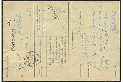 5 øre posthorn annulleret med “T” stempel på bagside af en “Porto-Kart” formular, annulleret Hamar d. 9.2.1928.
