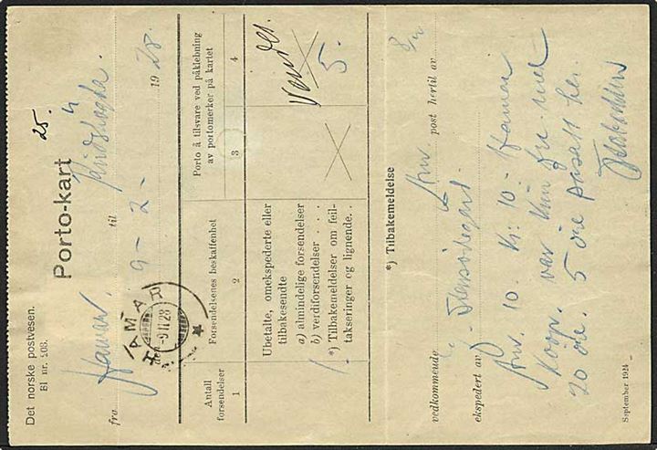 5 øre posthorn annulleret med “T” stempel på bagside af en “Porto-Kart” formular, annulleret Hamar d. 9.2.1928.