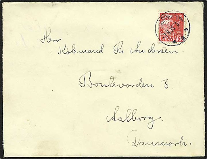 15 øre Karavel på brev stemplet Thorshavn d. 7.8.1935 til Aalborg. Islandsk afsender: Reykjavik Apotek. 