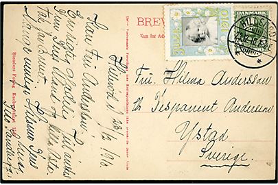 5 øre Fr. VIII og Julemærke 1910 på brevkort fra Hillerød d. 23.12.1910 til Ystad, Sverige.