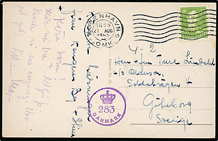 15 øre Chr. X på brevkort fra København d. 21.8.1945 til Göteborg, Sverige. Dansk efterkrigscensur (krone)/283/Danmark.