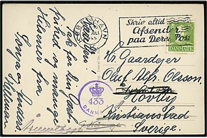 15 øre Chr. X på brevkort fra København d. 24.7.1945 til Kristianstad, Sverige - eftersendt. Dansk efterkrigscensur (krone)/433/Danmark.