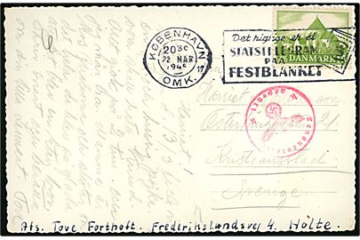 15 øre Landsbykirke på brevkort fra København d. 22.3.1945 til Kristianstad, Sverige. Passér stemplet med Zensurstelle k.