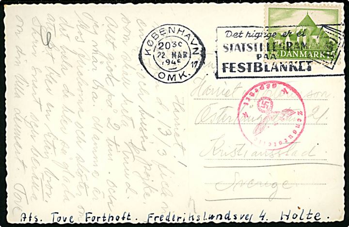 15 øre Landsbykirke på brevkort fra København d. 22.3.1945 til Kristianstad, Sverige. Passér stemplet med Zensurstelle k.