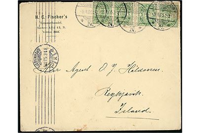 5 øre Våben (4) på brev fra Kjøbenhavn d. 8.4.1905 via London og Leith til Reykjavik, Island. 