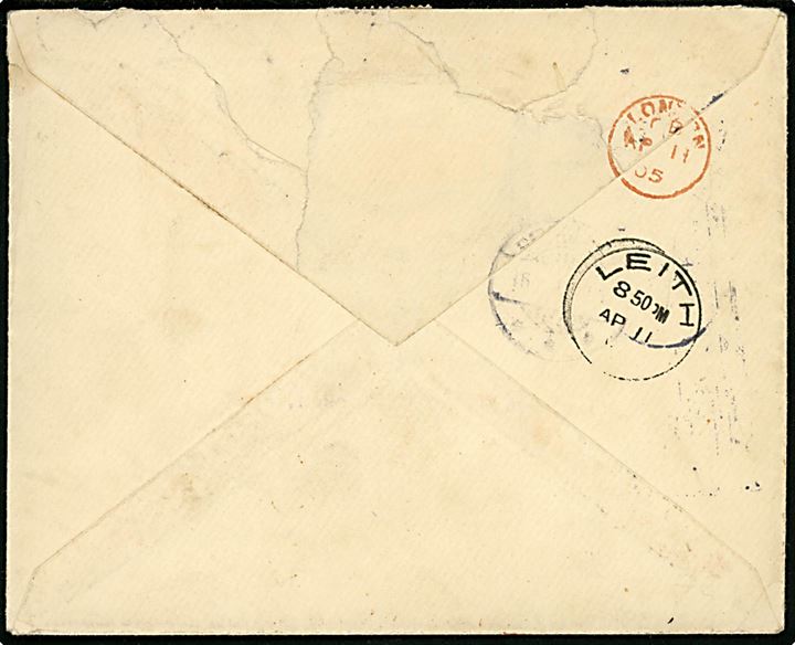 5 øre Våben (4) på brev fra Kjøbenhavn d. 8.4.1905 via London og Leith til Reykjavik, Island. 
