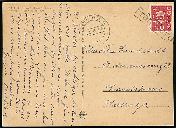 40 øre på brevkort (Narvik, udsigt med jernbane) annulleret med liniestempel Från Norge og sidestemplet med svensk bureaustempel PKP 83A (= Boden - Kiruna) d. 17.6.1966 til Landskrone, Sverige.