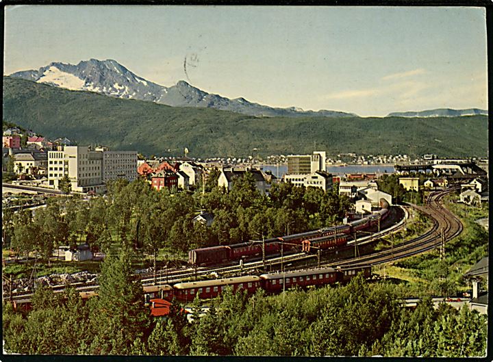 40 øre på brevkort (Narvik, udsigt med jernbane) annulleret med liniestempel Från Norge og sidestemplet med svensk bureaustempel PKP 83A (= Boden - Kiruna) d. 17.6.1966 til Landskrone, Sverige.