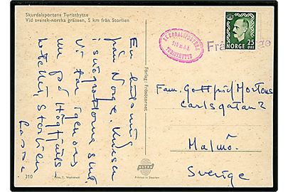 25 öre Haakon på brevkort (Skurdalsportens Turisthytte) annulleret med violet liniestempel Från Norge til Malmö, Sverige.