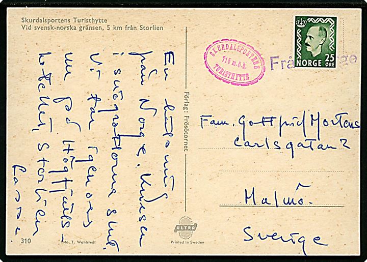 25 öre Haakon på brevkort (Skurdalsportens Turisthytte) annulleret med violet liniestempel Från Norge til Malmö, Sverige.