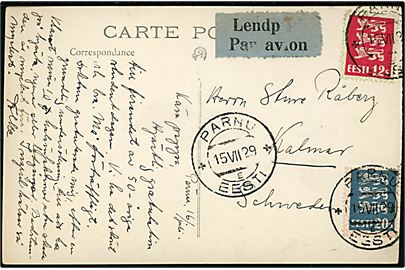 12 s. og 20 s. Løver på luftpost brevkort fra Parnu d. 15.7.1929 til Kalmar, Sverige. 