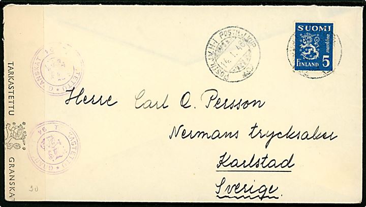 5 mk. Løve single på brev fra Miehikkälä annulleret med 2-sproget bureaustempel Postilj.v. H-I Postilj.Kup. d. 14.1.1946 til Karlstad, Sverige. Åbnet af finsk censur no. 94.