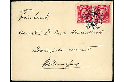10 öre Oscar II i parstykke på brev fra Stockholm d. 30.10.1902 til Docent Dr. Erik Nordenskiöld, Zoologisk Museum i Helsingfors, Finland. 