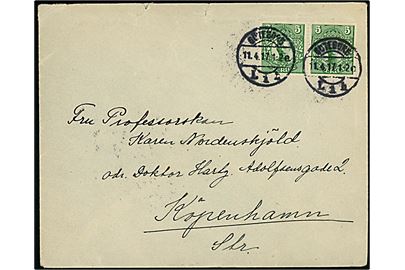 5 öre Gustaf i parstykke på brev fra Göteborg d. 11.4.1917 til Fru professor Karen Nordenskjöld i København, Danmark. Sendt til den svensk-finske polarforsker Otto Nordenskjölds hustru.