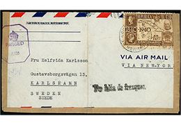 10 c. Frimærkejubilæum single på luftpostbrev fra Habana d. 6.2.1942 til Karlshamn, Sverige. Åbnet af britisk censur med neutral banderole stemplet Passed P.135.
