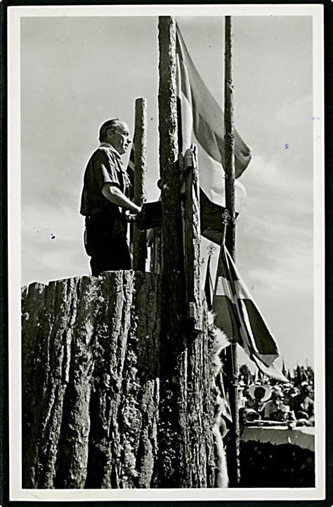 10 öre Gustaf på spejder postkort annulleret med spejderstempel Gränsjölägret d. 21.7.1946 til Sollefteå.