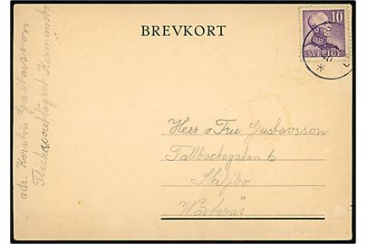 10 öre Gustaf på illustreret spejder brevkort annulleret med svagt stempel i Karmansbo d. 22.7.1940 til Västerås. Sendt fra deltager i Flickscoutlägret Karmansbo.  