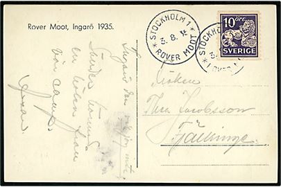 10 öre Løve på brevkort (Baden Powell, Rover Moot, Ingarö 1935) annulleret med spejder særstempel Stockholm 1 * Rover Moot * d. 3.8.1935 til Fjälkinge.