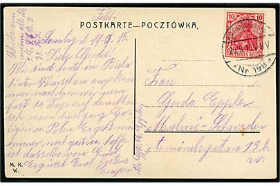 Tysk 10 pfg. Germania på frankeret feltpostbrevkort fra Warszawa annulleret K. D. Feldpoststation * Nr. 198 * d. 20.9.1915 til Malmö, Sverige.
