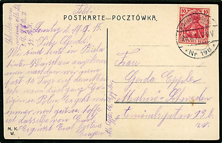 Tysk 10 pfg. Germania på frankeret feltpostbrevkort fra Warszawa annulleret K. D. Feldpoststation * Nr. 198 * d. 20.9.1915 til Malmö, Sverige.