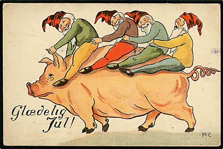 5 øre Chr. X og både dansk og svensk Julemærke 1915 på julekort (Nisser på gris. Signeret AC) fra Kjøbenhavn d. 23.12.1915 til Jordholmen, Sverige.