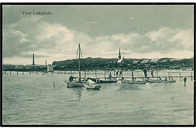 Faxe Ladeplads, bådebro og kalkovn i baggrunden. P. N. Tinglef no. 841.