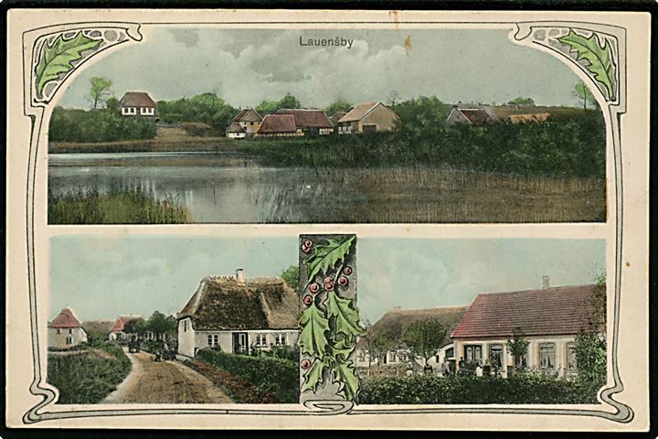 Lauensby (Lavensby) ved Nordborg på Als. Fr. Biehl u/no. Frankeret med 5 pfg. Germania annulleret med bureaustempel Wester-Sattrup - Schelde Bahnpost Zug 936 d. 11.10.1910 til Scheldefeld pr. Schelde.