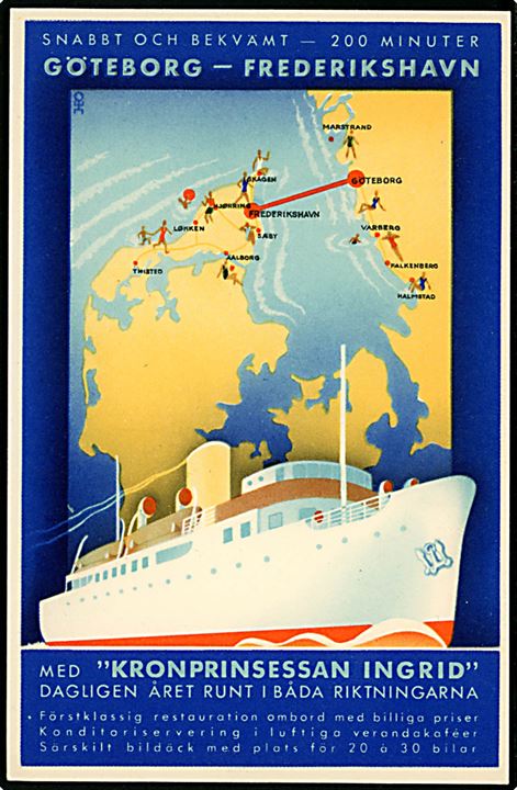 Kronprinsessan Ingrid, M/S, Göteborg-Frederikshavn færge. Reklamekort med stempel Postdirektionen Västra Distriktet d. 1.7.1936. 